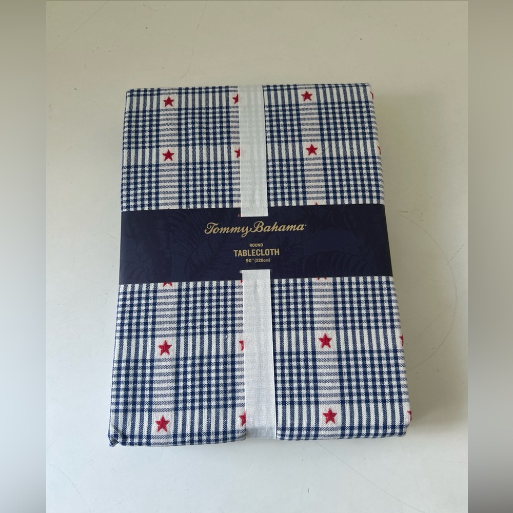 Tommy Bahama Blue and White Plaid Tablecloth with Red Star Accents Round 90 Inch